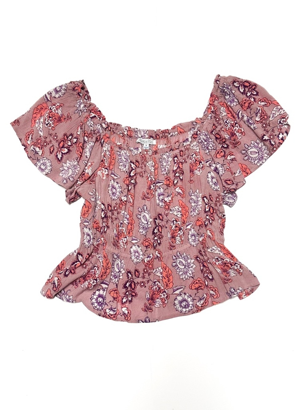 Patrons of Peace Purple Floral Print Peasant Top Off Shoulder Prairie Blouse